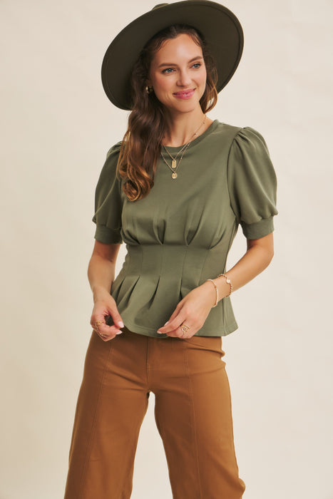 Pleated Waist Puff Sleeve Top