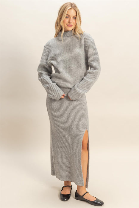 Turtleneck Sweater Slit Skirt Set