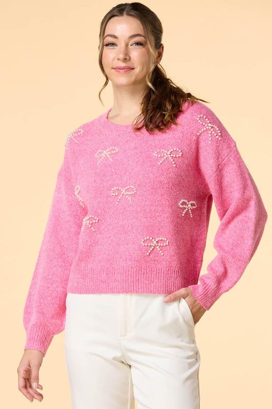 PEARLED BOW PATCHED SWEATER TOP