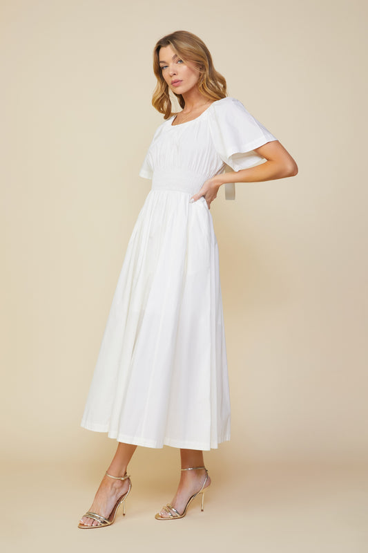 Poplin Short Sleeve Midi Dress in Off White