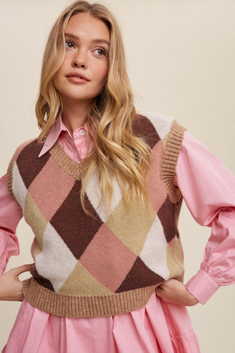 Pink Argyle Cropped Sweater Vest