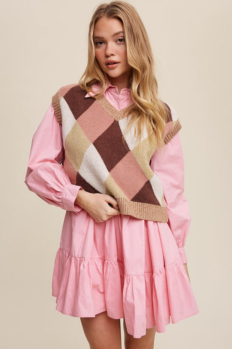 Pink Argyle Cropped Sweater Vest