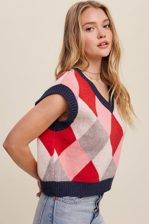 Red Argyle Cropped Sweater Vest