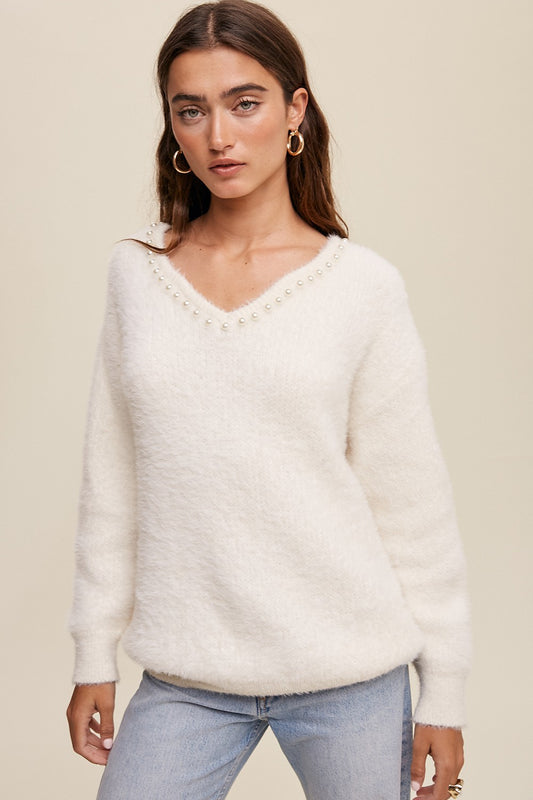 V-NECK PEARL FUZZY SWEATER