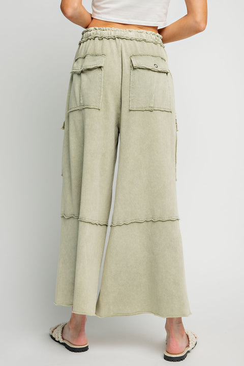 Mineral Washed Knit Wide Leg Pant - Faded Olive