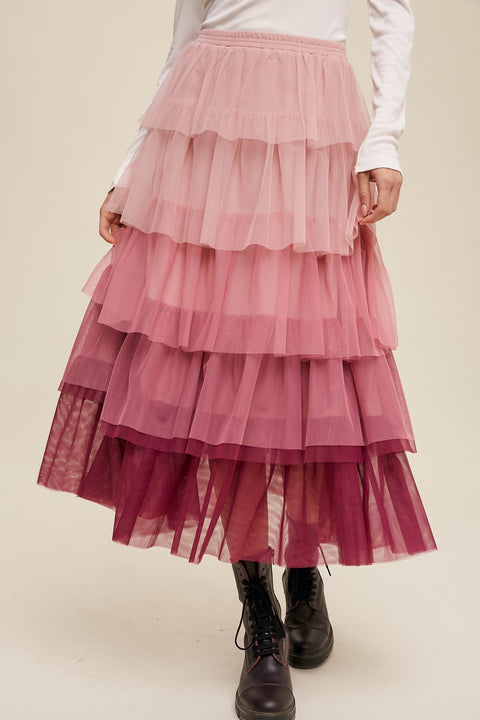 Gradient Style Tiered Mesh Skirt - Magenta