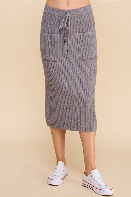 RIBBED MIDI SWEATER SKIRT W/ POCKETS & TIES