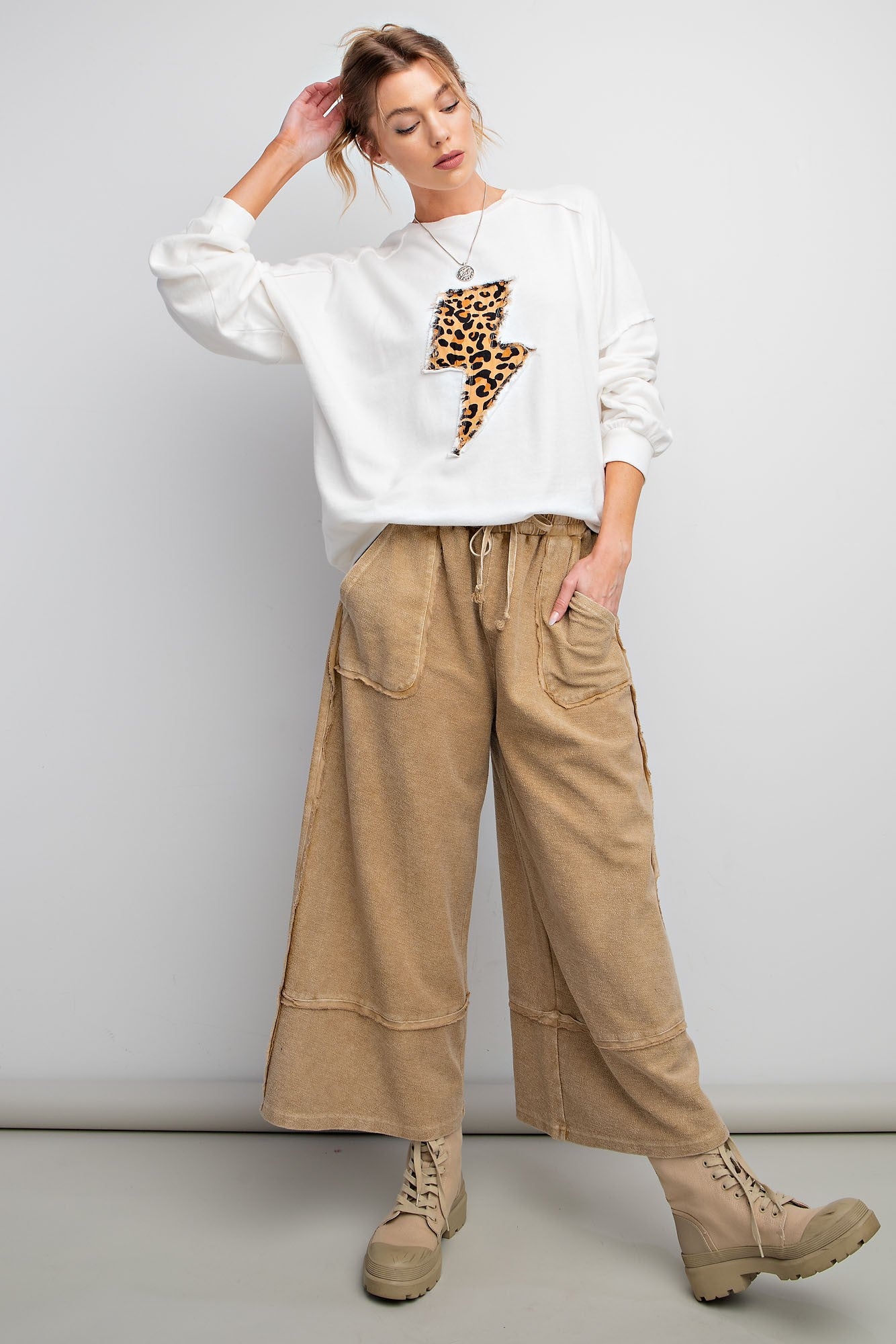 MINERAL WASHED KNIT WIDE LEG PANT