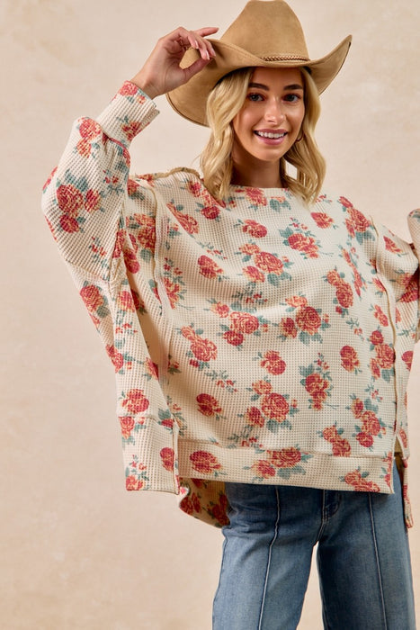 Floral Cut Edge Oversized Waffle Sweatshirt