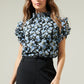 ENDLESS FLORAL MOCK NECK RUFFLE BLOUSE BLK/BLU