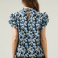 ENDLESS FLORAL MOCK NECK RUFFLE BLOUSE BLK/BLU