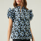 ENDLESS FLORAL MOCK NECK RUFFLE BLOUSE BLK/BLU