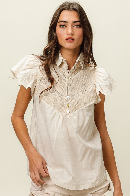 Ivory Button Collar Top with Puff Sleeves