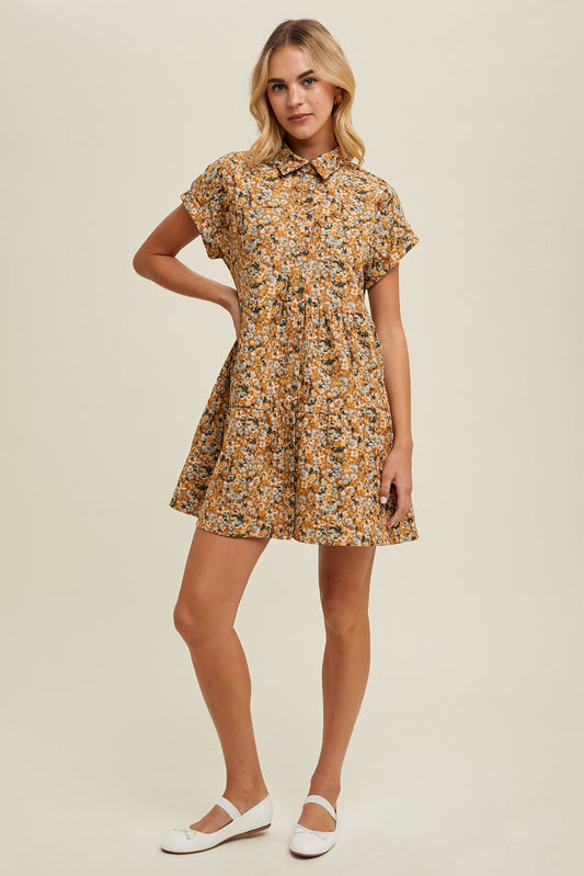 FLORAL CORDUROY TAN MIDI DRESS