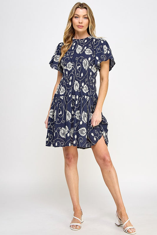 NAVY EMBROIDERED SHORT DRESS
