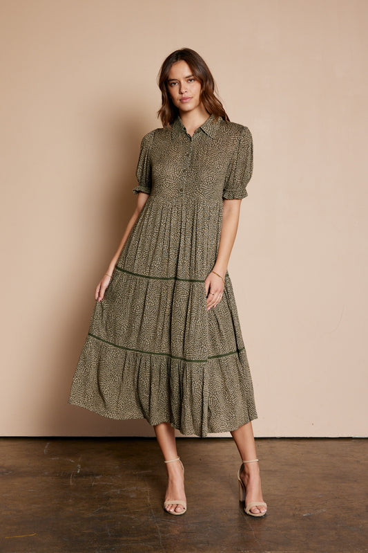BUTTON DOWN TIERED DRESS OLIVE