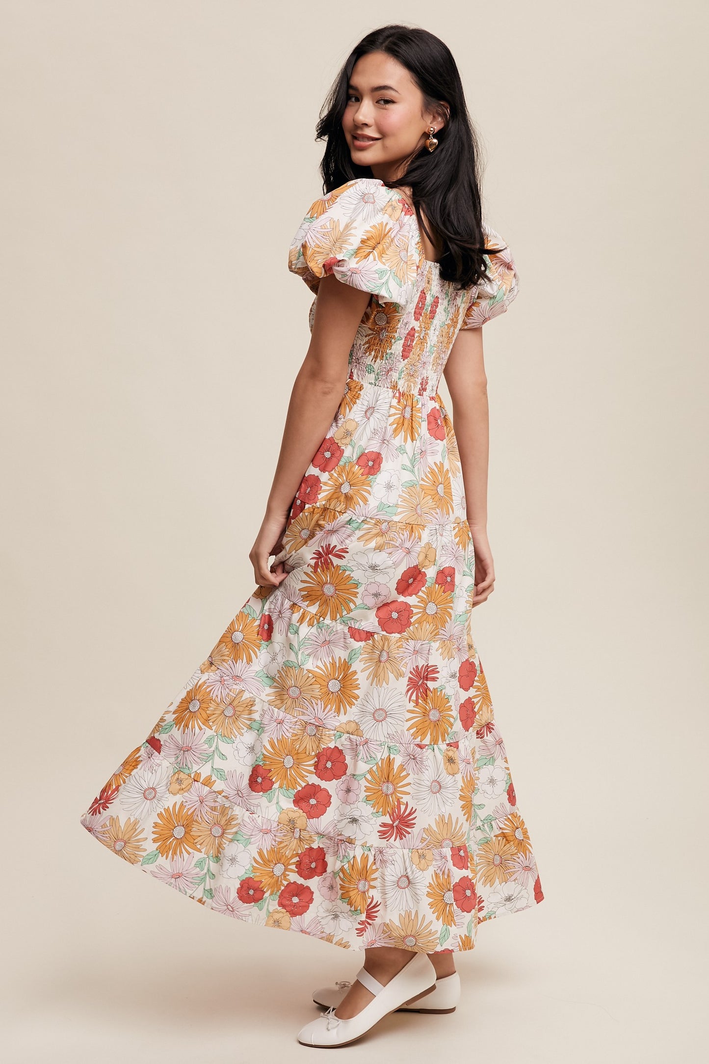 Smocked Puff Sleeve Flower Maxi Dress