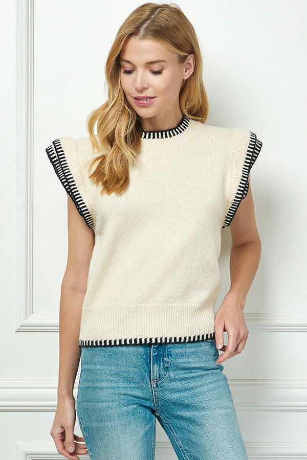 DOUBLE CAP SLV SWEATER CREAM W/ BLACK TRIM