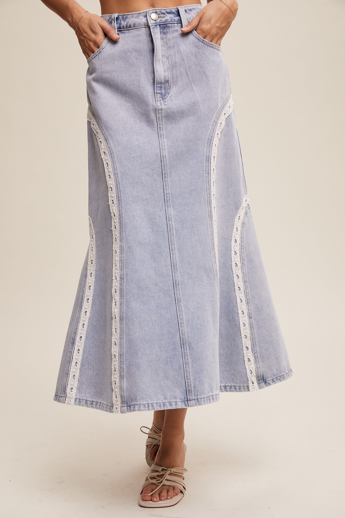 LACE DETAIL DENIM MAXI SKIRT