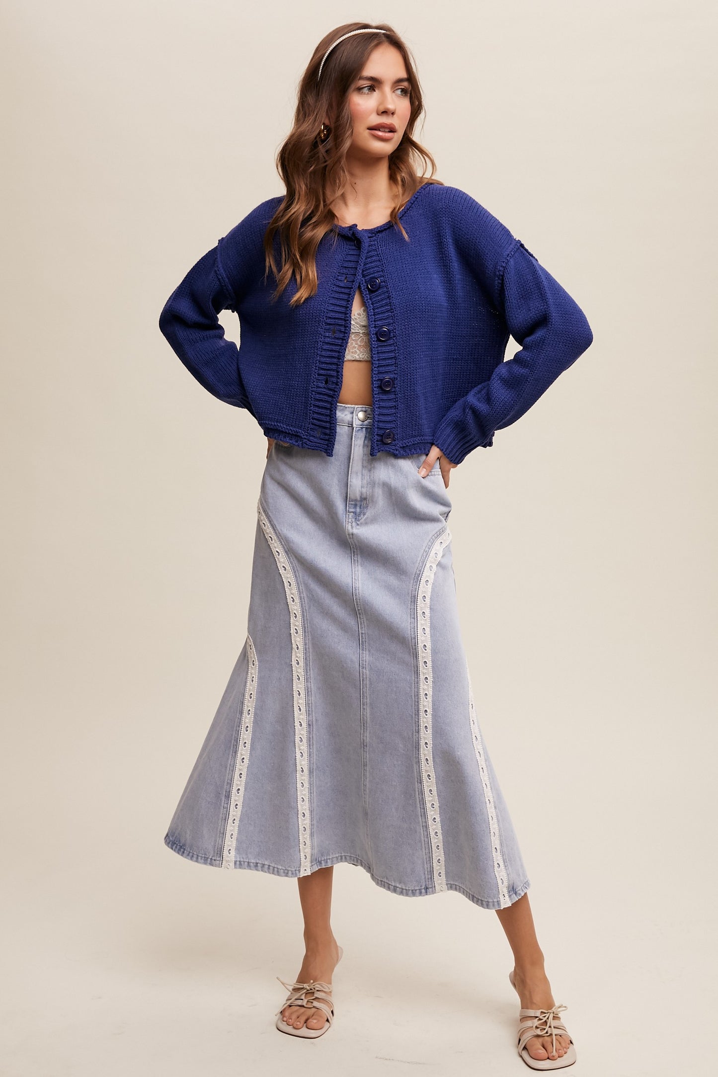 LACE DETAIL DENIM MAXI SKIRT