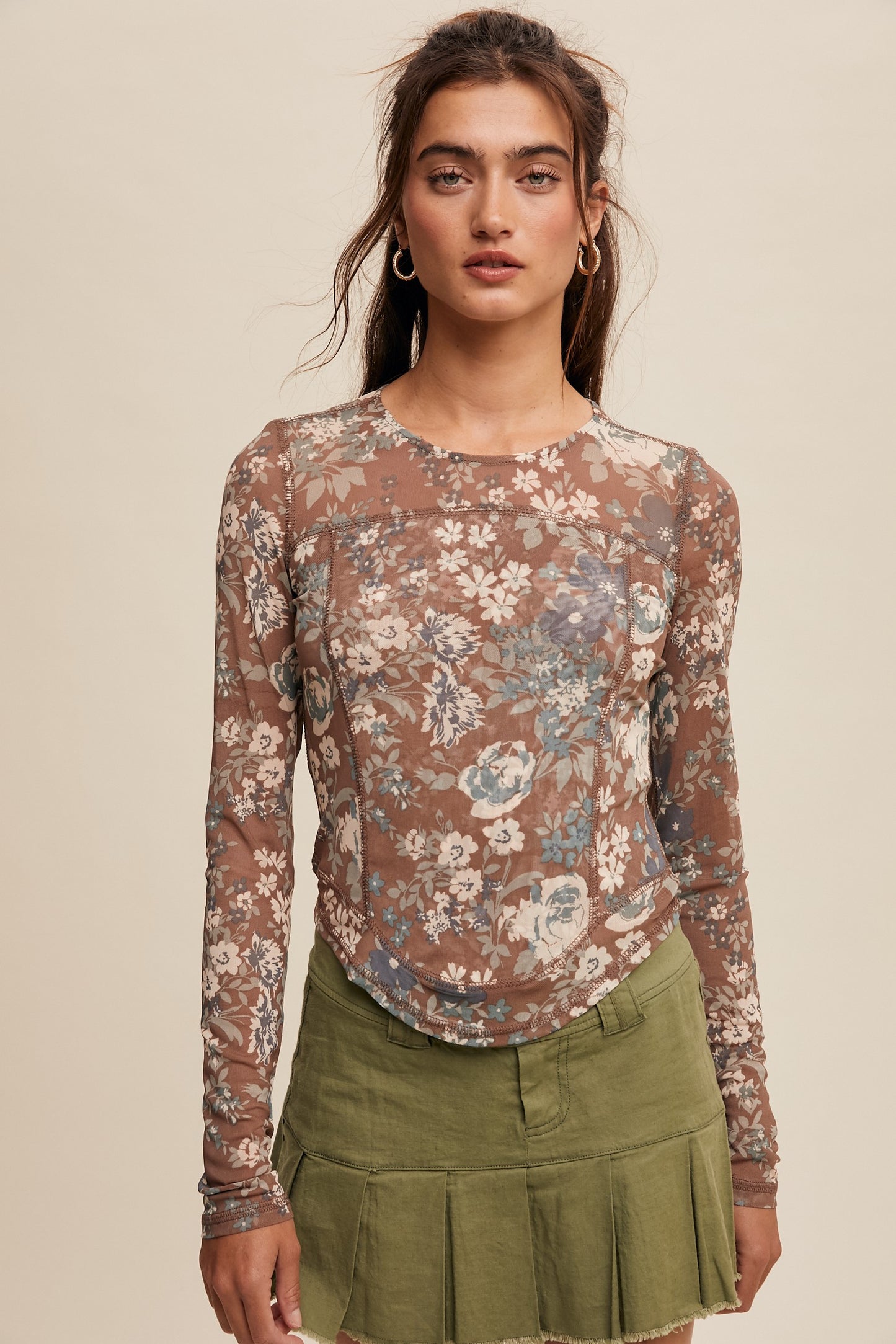 FLORAL PRINT MESH FITTED TOP