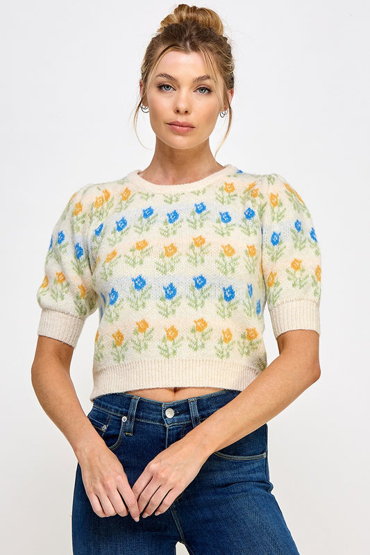 SHORT PLUSH FLORAL SWEATER