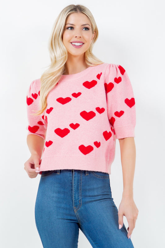 SHORT SLEEVE HEARTS SWEATER