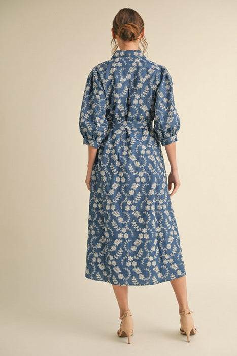 Embroidered Flower Dress Blue/White