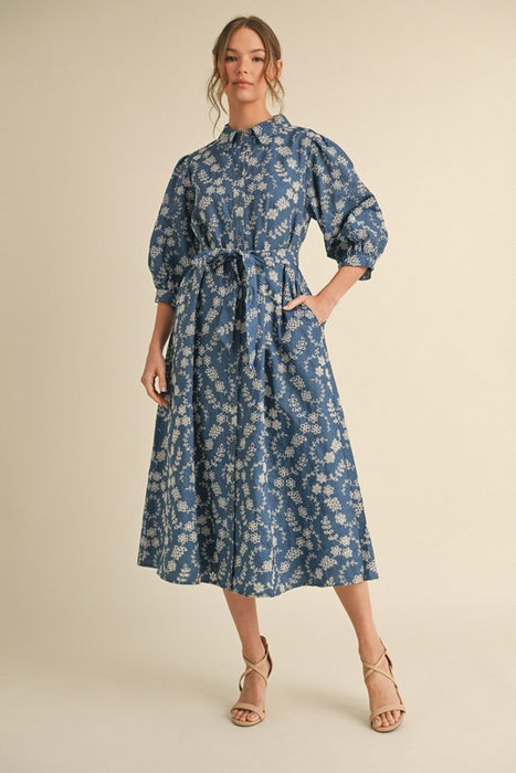 Embroidered Flower Dress Blue/White