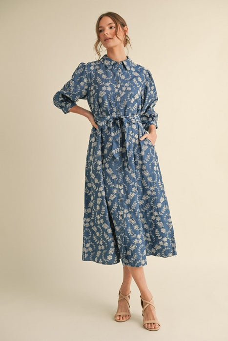 Embroidered Flower Dress Blue/White