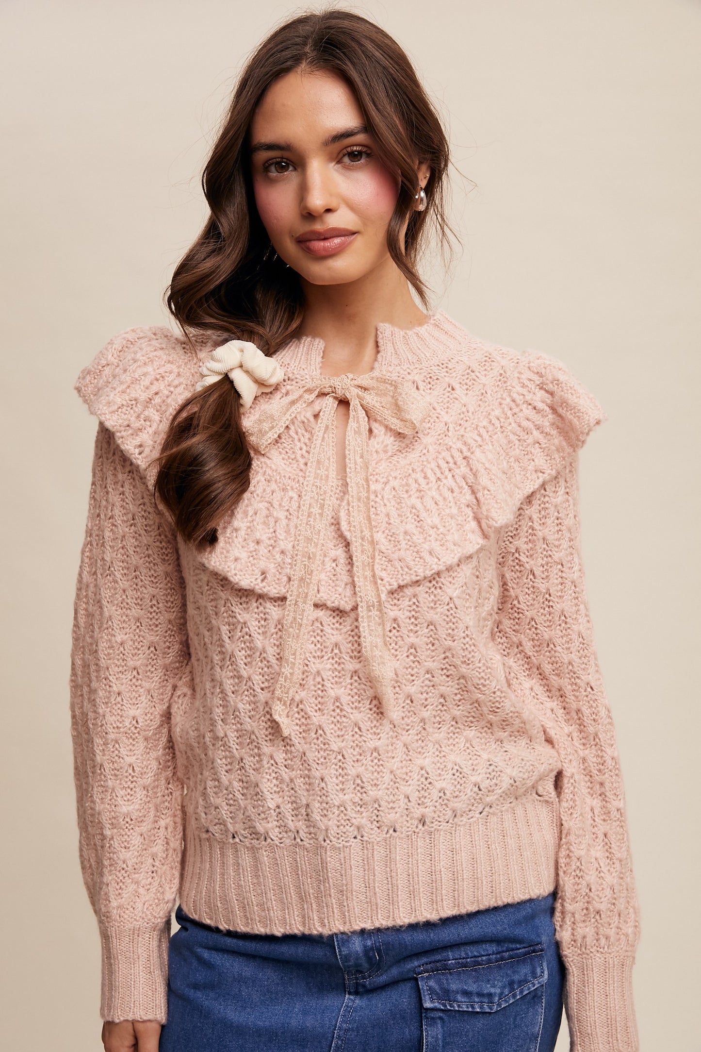 RUFFLED TIE FRONT SWEATER