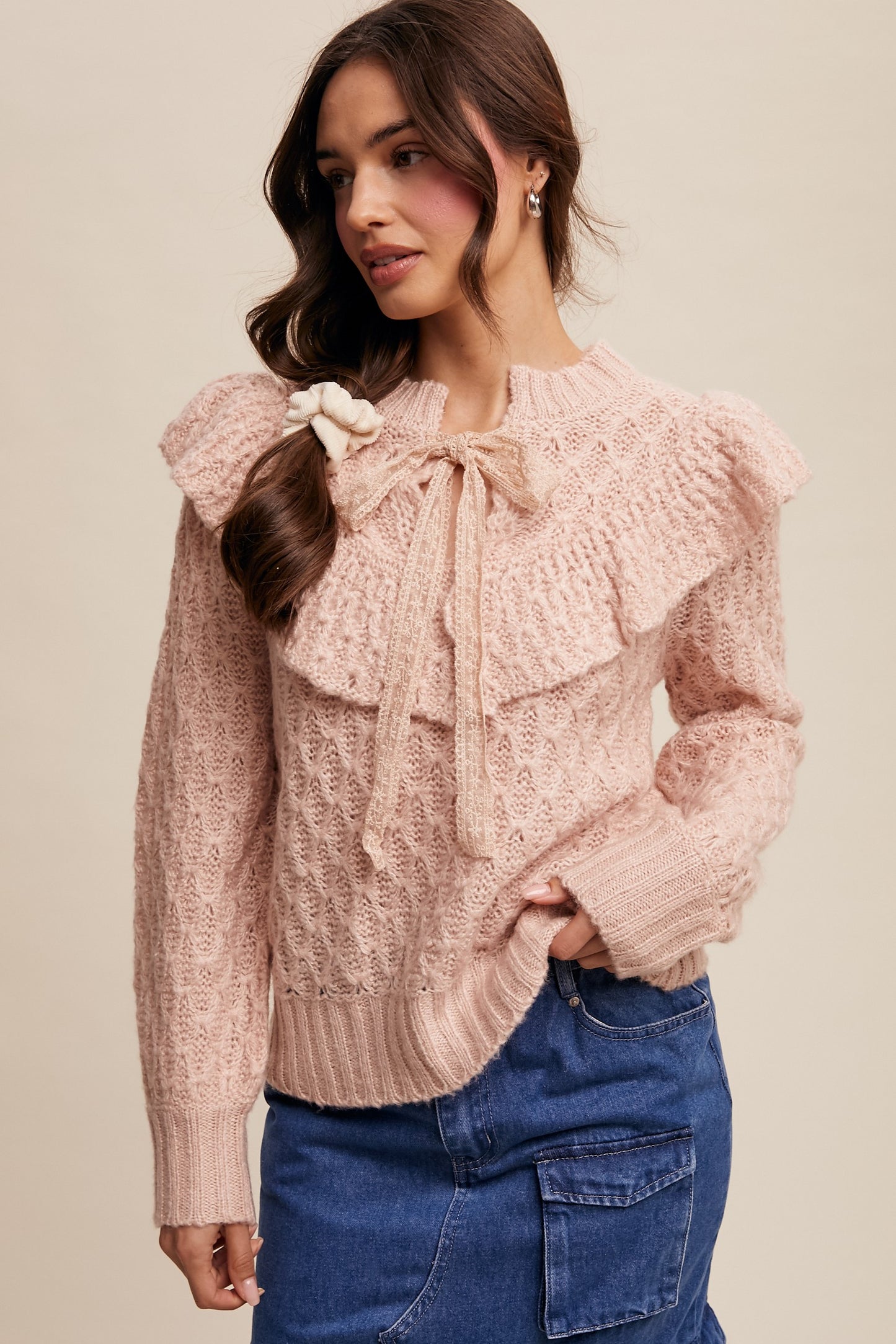 RUFFLED TIE FRONT SWEATER