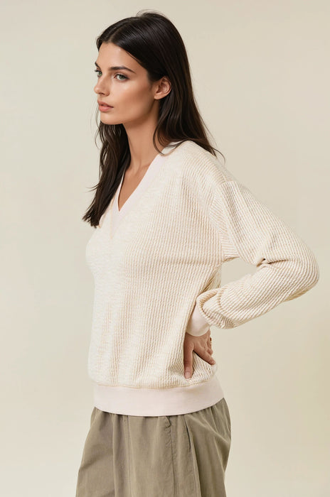V-Neck Oversized Two Tone Ribbed Top