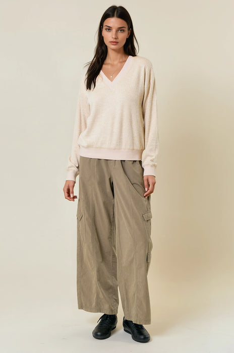 V-Neck Oversized Two Tone Ribbed Top