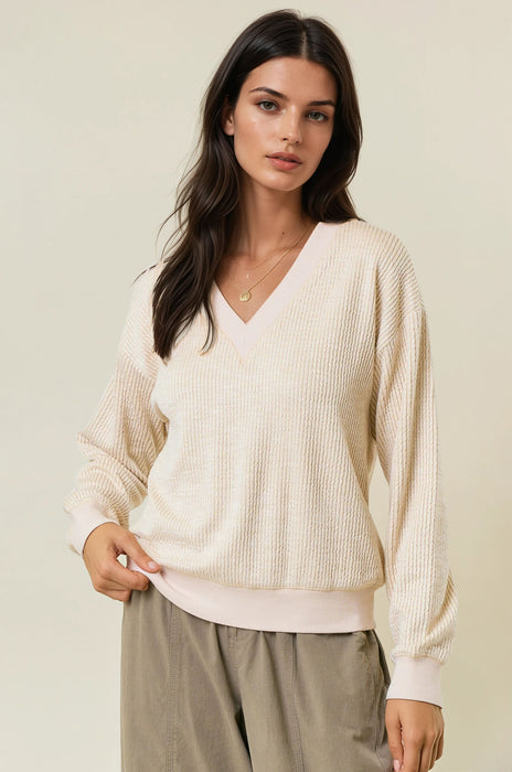 V-Neck Oversized Two Tone Ribbed Top