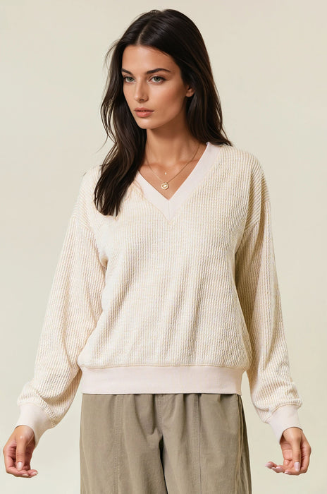 V-Neck Oversized Two Tone Ribbed Top