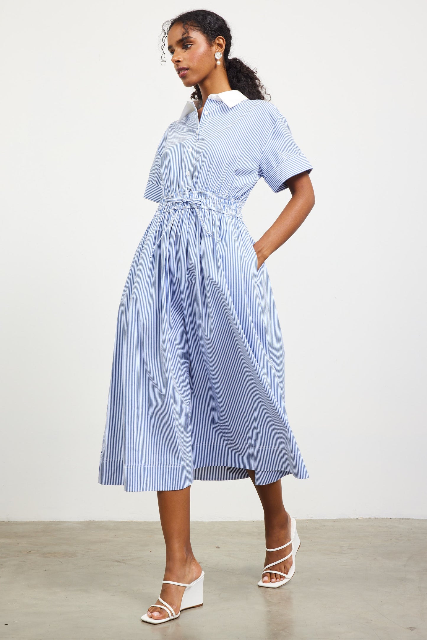 BUTTON DOWN SMOCKED WAIST DRESS