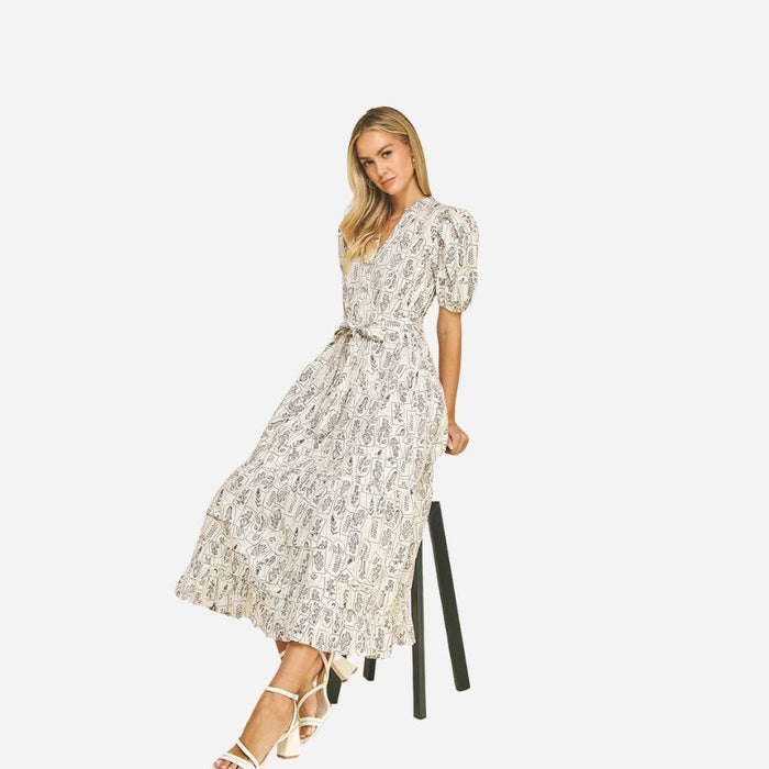 Printed Tiered Midi Dress navy