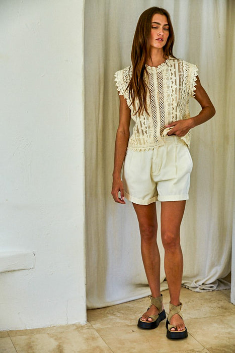Woven Cotton Lace Button-down Top