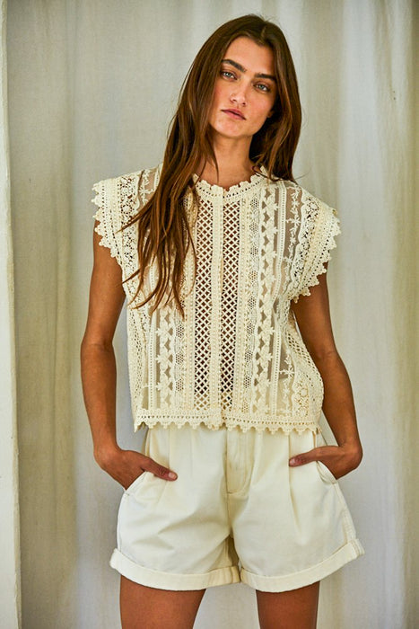 Woven Cotton Lace Button-down Top
