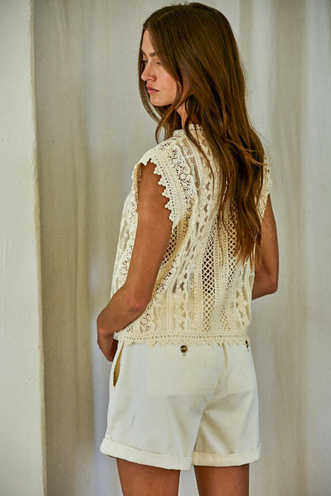 Woven Cotton Lace Button-down Top