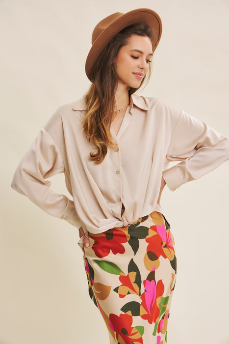 Button Down Knotted Satin Shirt