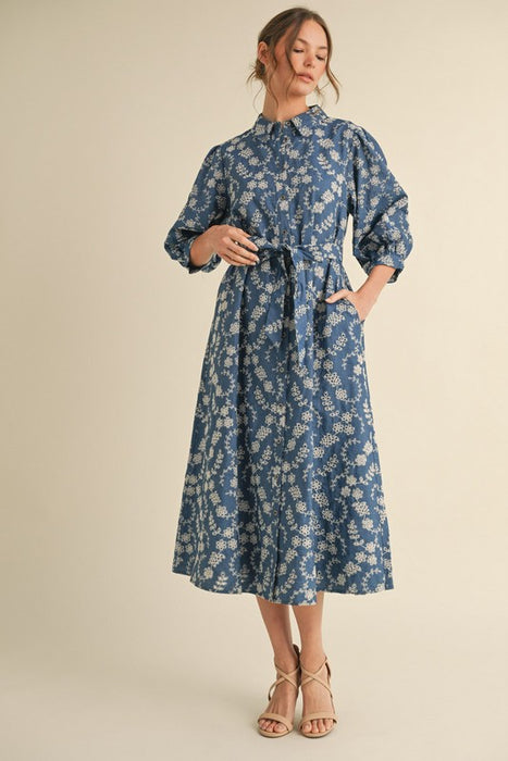 Embroidered Flower Dress Blue/White