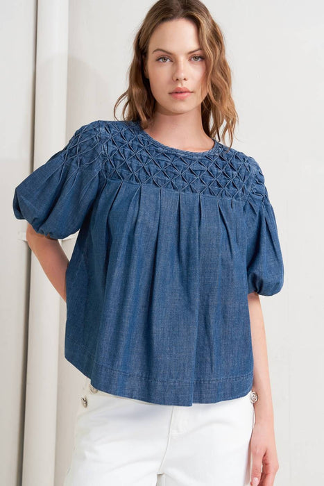 Honeycomb Smocked Bubble Sleeve Top