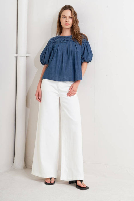 Honeycomb Smocked Bubble Sleeve Top