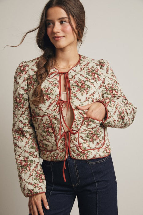 Floral Front Tie Quilt Jacket Light Sage