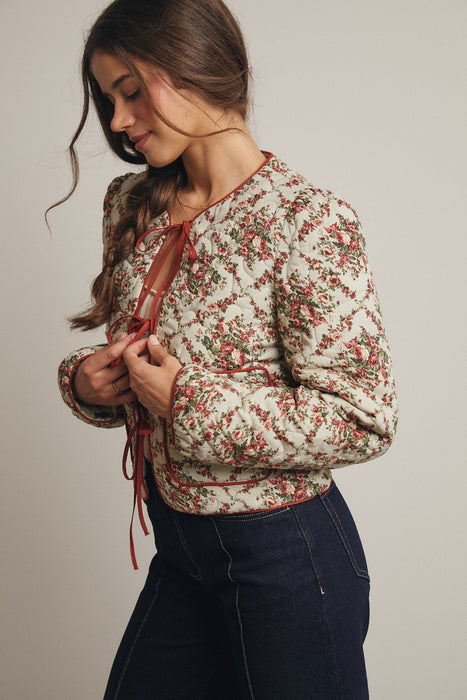 Floral Front Tie Quilt Jacket Light Sage