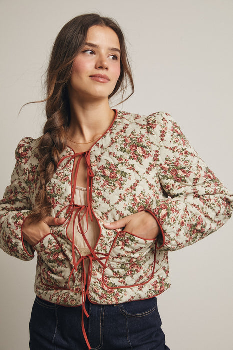 Floral Front Tie Quilt Jacket Light Sage