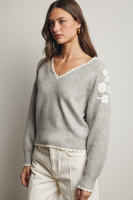 V-Neck Flower Detail Sweater