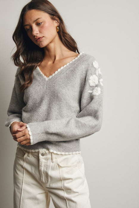 V-Neck Flower Detail Sweater